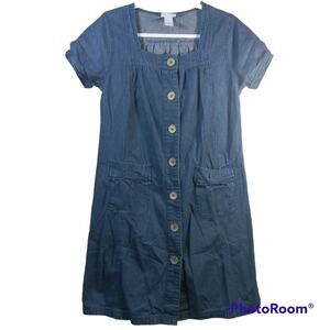 Vicki Blue Vintage  Short Sleeve Jean Dress Dark Wash Denim Button Down Size PM